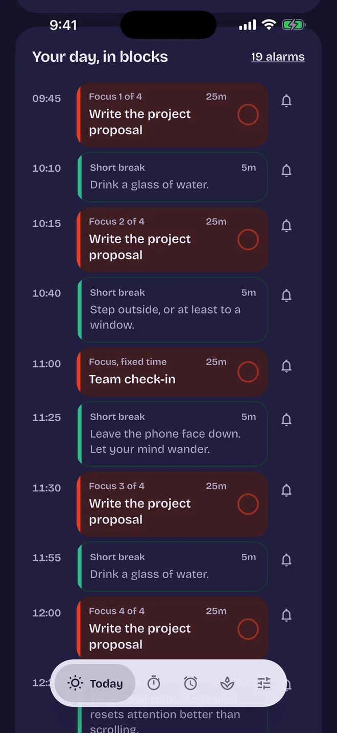 Ripe's day plan in dark mode