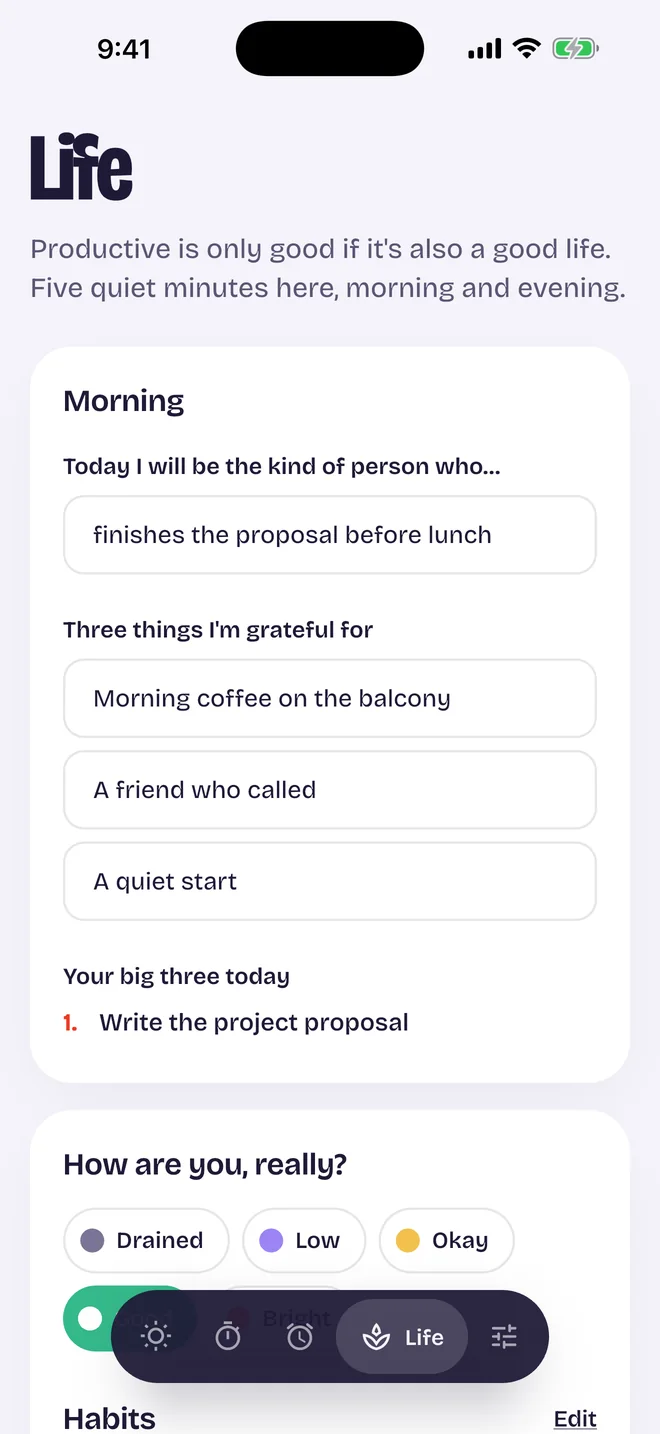 Ripe's Life screen with a morning intention, gratitudes and the big three