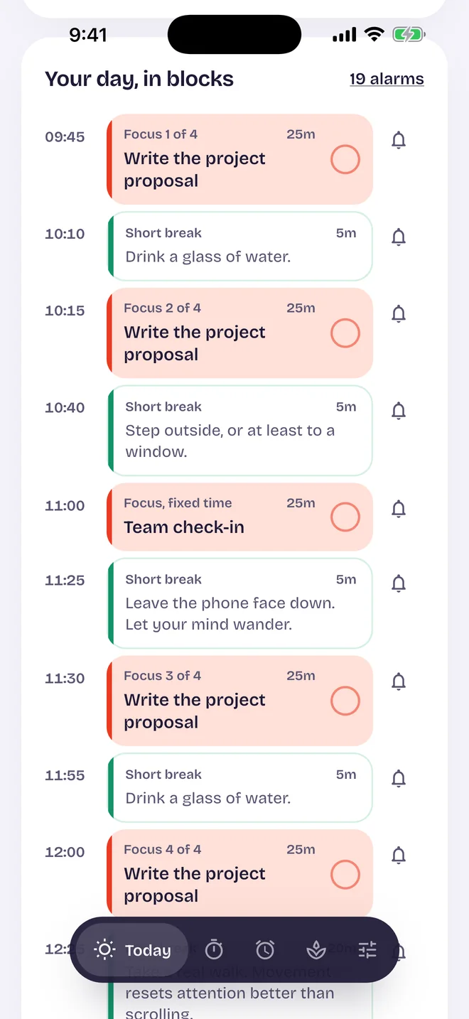 Ripe's plan: the day as a column of focus sessions and short breaks, each with a time and an alarm bell